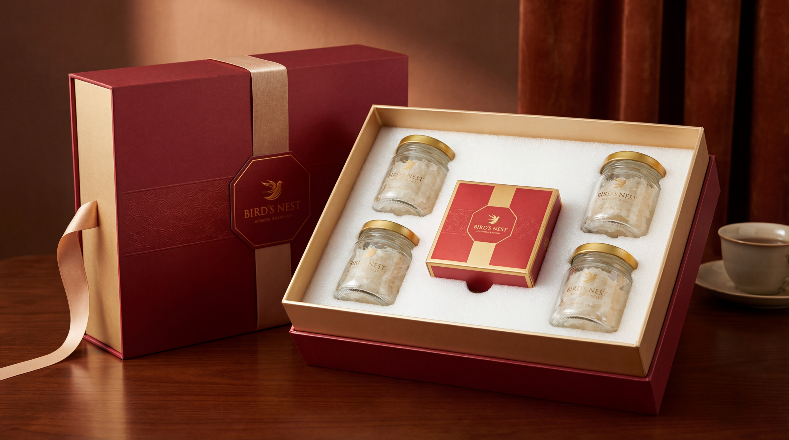 Bộ hộp quà tặng yến sào cao cấp sử dụng khay xốp định hình bên trong để cố định hũ yến.